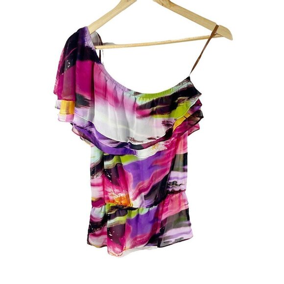 Arden B Womens Blouse Multicolor Pink Abstract One Shoulder Ruffles Pullover S - Picture 1 of 6
